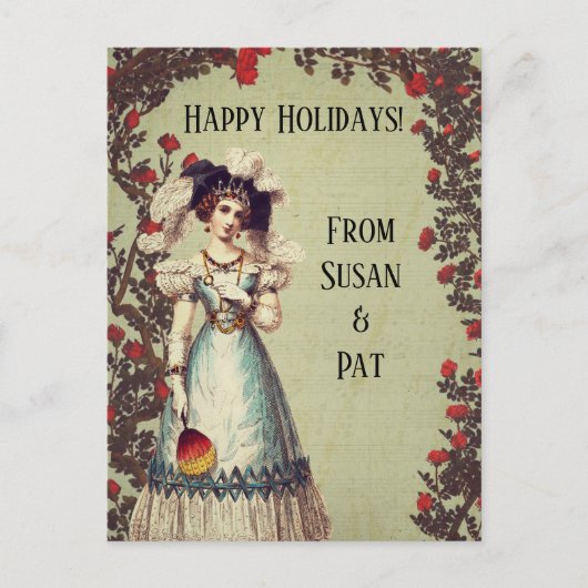赤ビクトリアンいバラ園の女性とファン シーズンポストカード (正面)