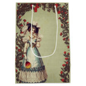 赤ビクトリアンいバラ園の女性とファン ミディアムペーパーバッグ (裏面)