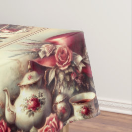 赤ビクトリアンいローズハットとティーポットテーブルクロス テーブルクロス