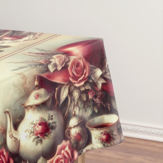 赤ビクトリアンいローズハットとティーポットテーブルクロス テーブルクロス (インサイチュ)