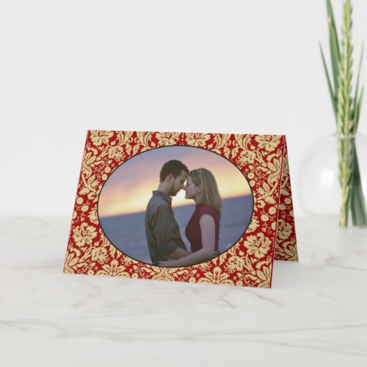 赤ビクトリアンとタンのフローラダマスクの写真結婚 招待状 (正面)