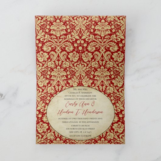 赤ビクトリアンとタンのフローラダマスクの写真結婚 招待状 (内部)