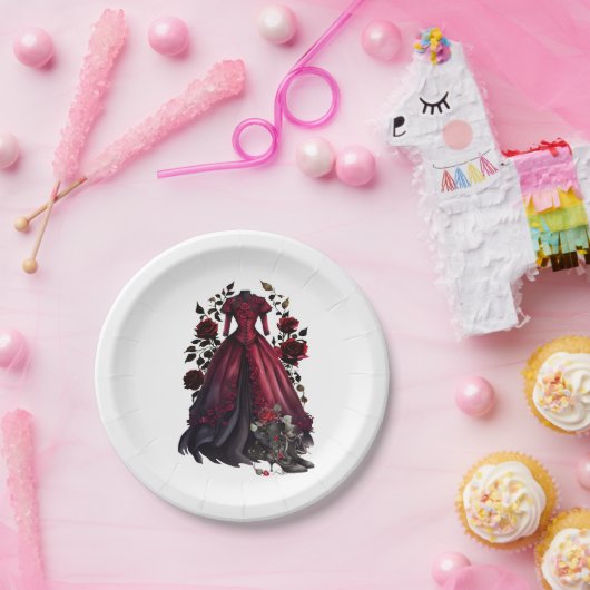 赤ビクトリアンドレスとヒール |アンティークバラガウン ペーパープレート (パーティー)