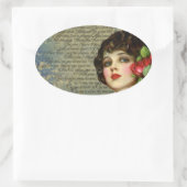 赤ビクトリアンバラ楕円ステッカー付きグラマー女の子 楕円形シール (バッグ)