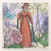 赤ビクトリアンファッションのカラフル女性 ガラスコースター (正面)