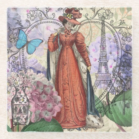 赤ビクトリアンファッションのカラフル女性 ガラスコースター (正面)