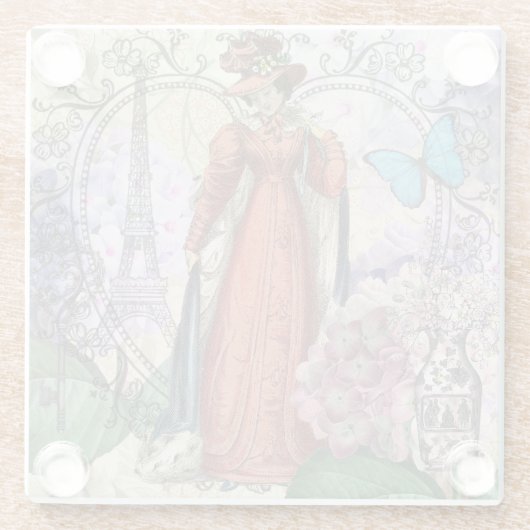 赤ビクトリアンファッションのカラフル女性 ガラスコースター (裏面)