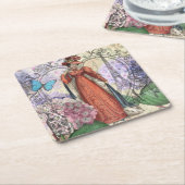 赤ビクトリアンファッションのカラフル女性 スクエアペーパーコースター (アングル)