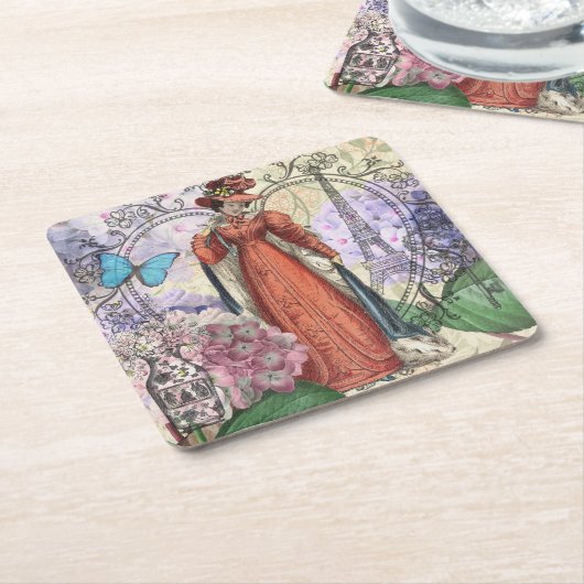 赤ビクトリアンファッションのカラフル女性 スクエアペーパーコースター (アングル)