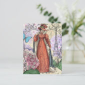 赤ビクトリアンファッションのカラフル女性 ポストカード (スタンド正面)