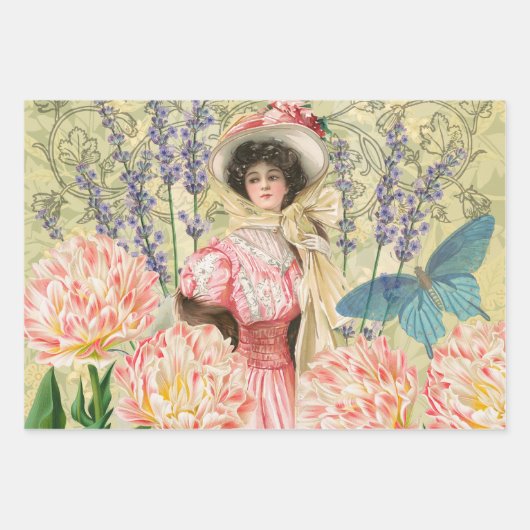 赤ビクトリアンファッションのカラフル女性 ラッピングペーパーシート (正面2)