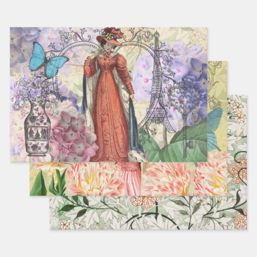赤ビクトリアンファッションのカラフル女性 ラッピングペーパーシート (セット)