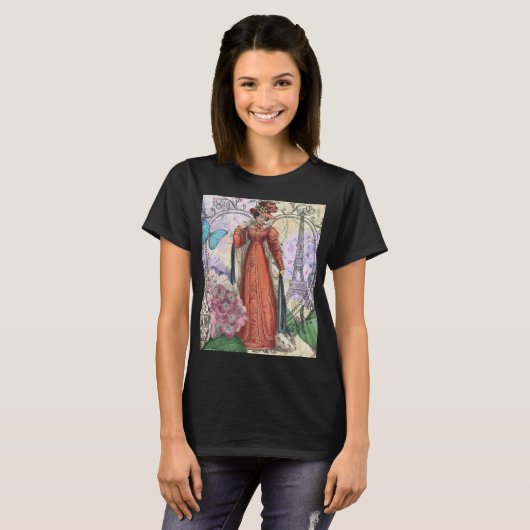 赤ビクトリアンファッションのカラフル女性 Tシャツ (正面フル)