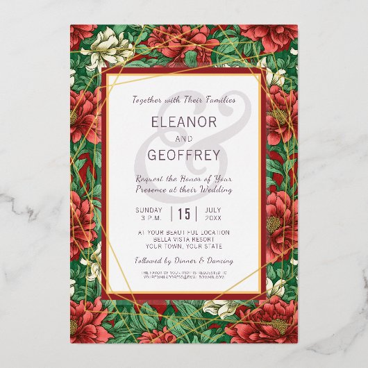 赤ビクトリアンフローラ結婚のチンツヴィンテージ 箔シーズンカード (正面)