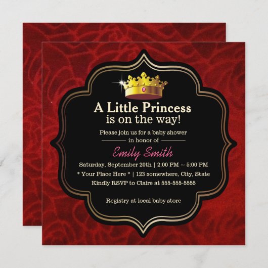 赤ビ王室のロード小プリンセスクラウンベビーシャワー 招待状 (正面/裏面)