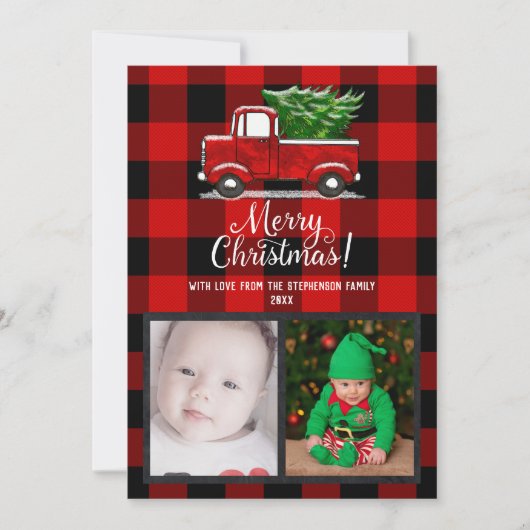 赤ピックアップトラックメリークリスマスファミリーフォトカード 招待状 (正面)