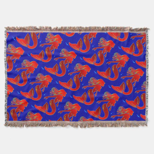 赤ピンアップの人魚ブルー スローブランケット (正面)