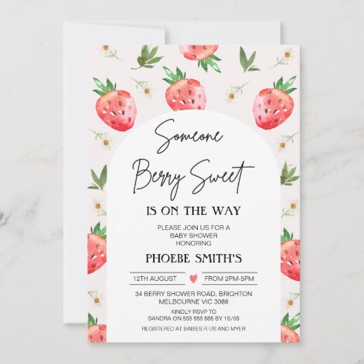 赤ピンクのイチゴデイジーベリースイートベビーシャワー 招待状 (正面)