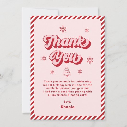 赤ピンクのクリスマスバースデーパーティー サンキューカード (正面)