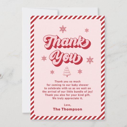 赤ピンクのクリスマスベビーシャワー サンキューカード (正面)