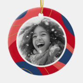 赤ピンクのダークブルーのレトロクリスマスフォト セラミックオーナメント (正面)