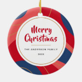 赤ピンクのダークブルーのレトロクリスマスフォト セラミックオーナメント (裏面)