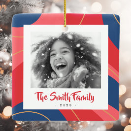 赤ピンクのダークブルーのレトロクリスマスフォト セラミックオーナメント