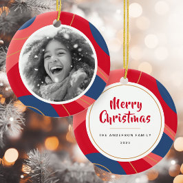 赤ピンクのダークブルーのレトロクリスマスフォト セラミックオーナメント