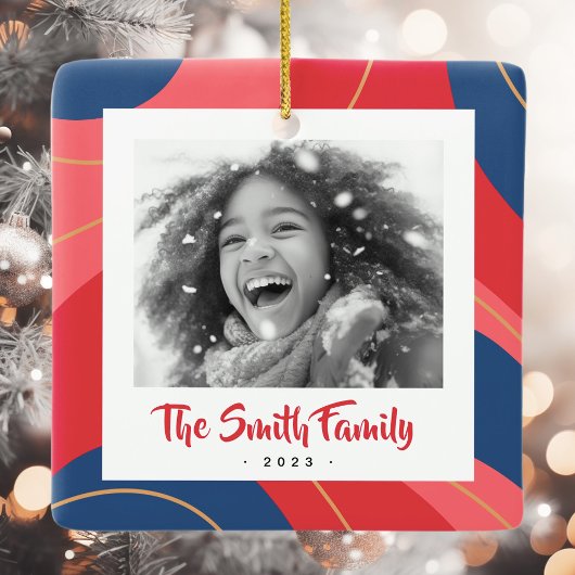 赤ピンクのダークブルーのレトロクリスマスフォト セラミックオーナメント