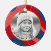 赤ピンクのダークブルーのレトロクリスマスフォト セラミックオーナメント (正面)