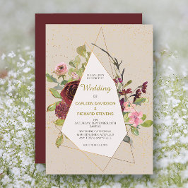 赤ピンクのバラと金ゴールドフレーム結婚ズ 招待状