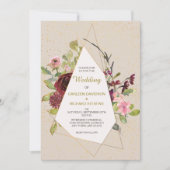 赤ピンクのバラと金ゴールドフレーム結婚ズ 招待状 (正面)