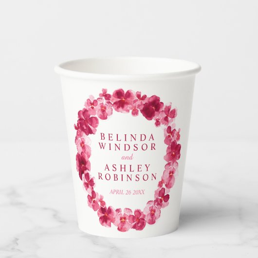赤ピンクのパンジーの花リースの水結婚色 紙コップ (正面)