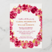 赤ピンクのパンジー水彩花結婚の金ゴールド 箔招待状 (正面)