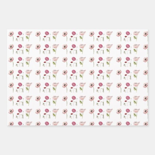 赤ピンクのポピーの花とピンクの水玉模様パターン ラッピングペーパーシート (正面2)