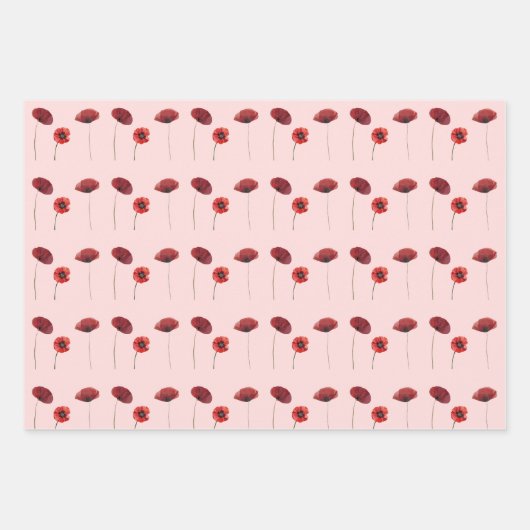 赤ピンクのポピーの花とピンクの水玉模様パターン ラッピングペーパーシート (正面)