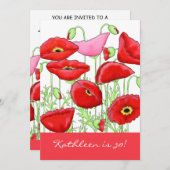 赤ピンクのポピーの花30th誕生日パーティー招待状 招待状 (正面/裏面)