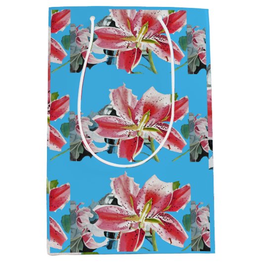 赤ピンクのリリーフローラブルー結婚のケーキの好意ボックス ミディアムペーパーバッグ (正面)