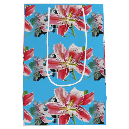 赤ピンクのリリーフローラブルー結婚のケーキの好意ボックス ミディアムペーパーバッグ (裏面)