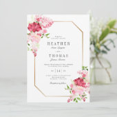 赤ピンクの水カラーバラ金ゴールド結婚フレーム 招待状 (スタンド正面)