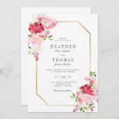 赤ピンクの水カラーバラ金ゴールド結婚フレーム 招待状 (正面/裏面)