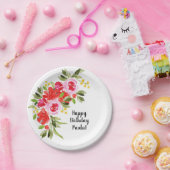 赤ピンクの水彩フローラ ペーパープレート (パーティー)