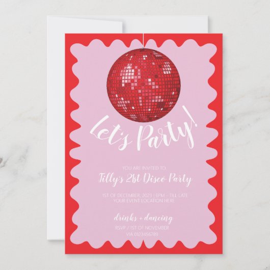赤ピンクの波打つディスコのボール誕生日パーティー 招待状 (正面)