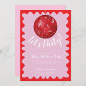 赤ピンクの波打つディスコのボール誕生日パーティー 招待状 (正面/裏面)