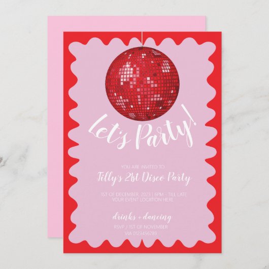 赤ピンクの波打つディスコのボール誕生日パーティー 招待状 (正面/裏面)