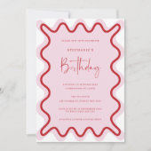 赤ピンクの波状のブ縁どライダルシャワーの招待 招待状 (正面)