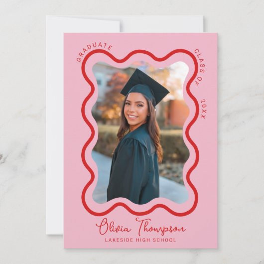 赤ピンクの波状フォトフレームの卒業 招待状 (正面)