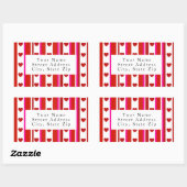 赤ピンクの白いストライプハートラベル 長方形シール (シート)