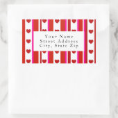 赤ピンクの白いストライプハートラベル 長方形シール (バッグ)