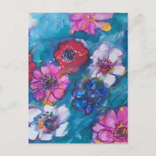 赤ピンクの白カラフルい花(青) ポストカード (正面)